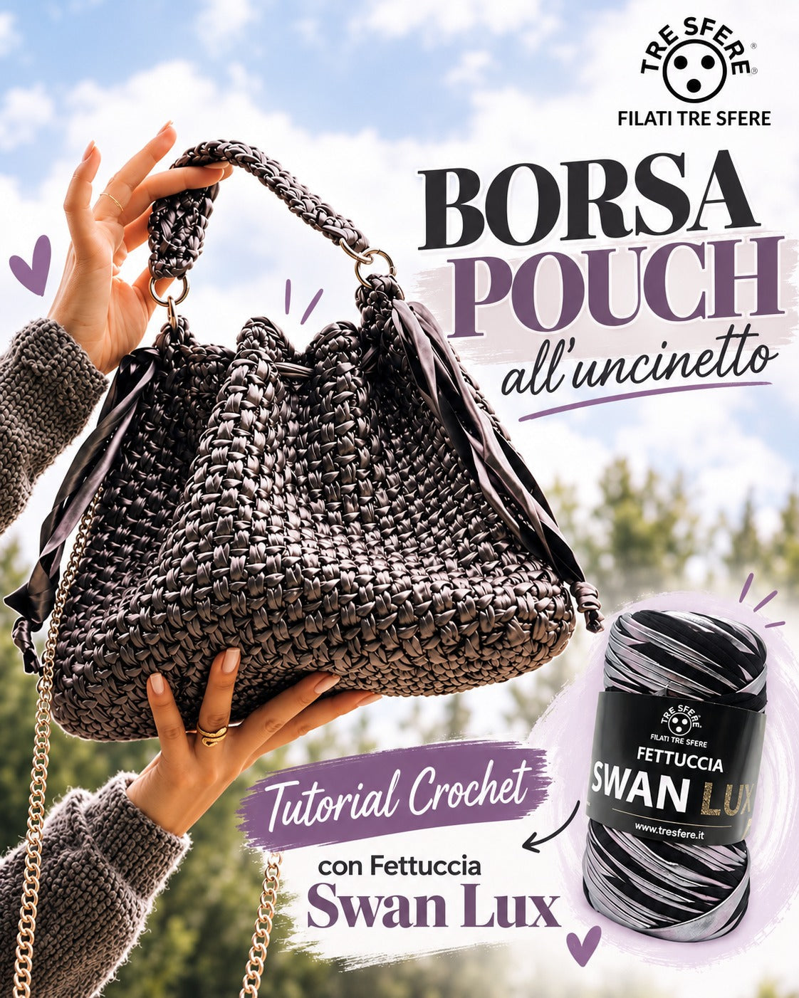 Borsa Pouch all'uncinetto I Tutorial Fettuccia Swan Lux Seta I Studio 458B