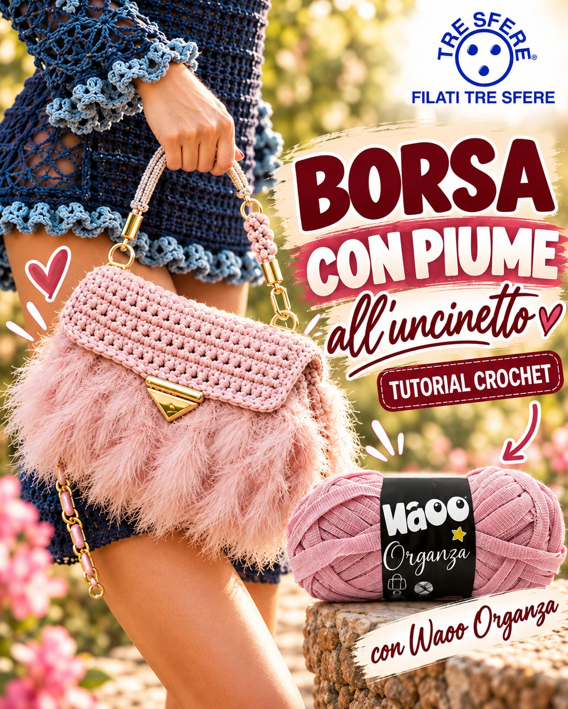 Borsa con piume all'uncinetto I Tutorial Fettuccia Waoo Organza I Studio 476D