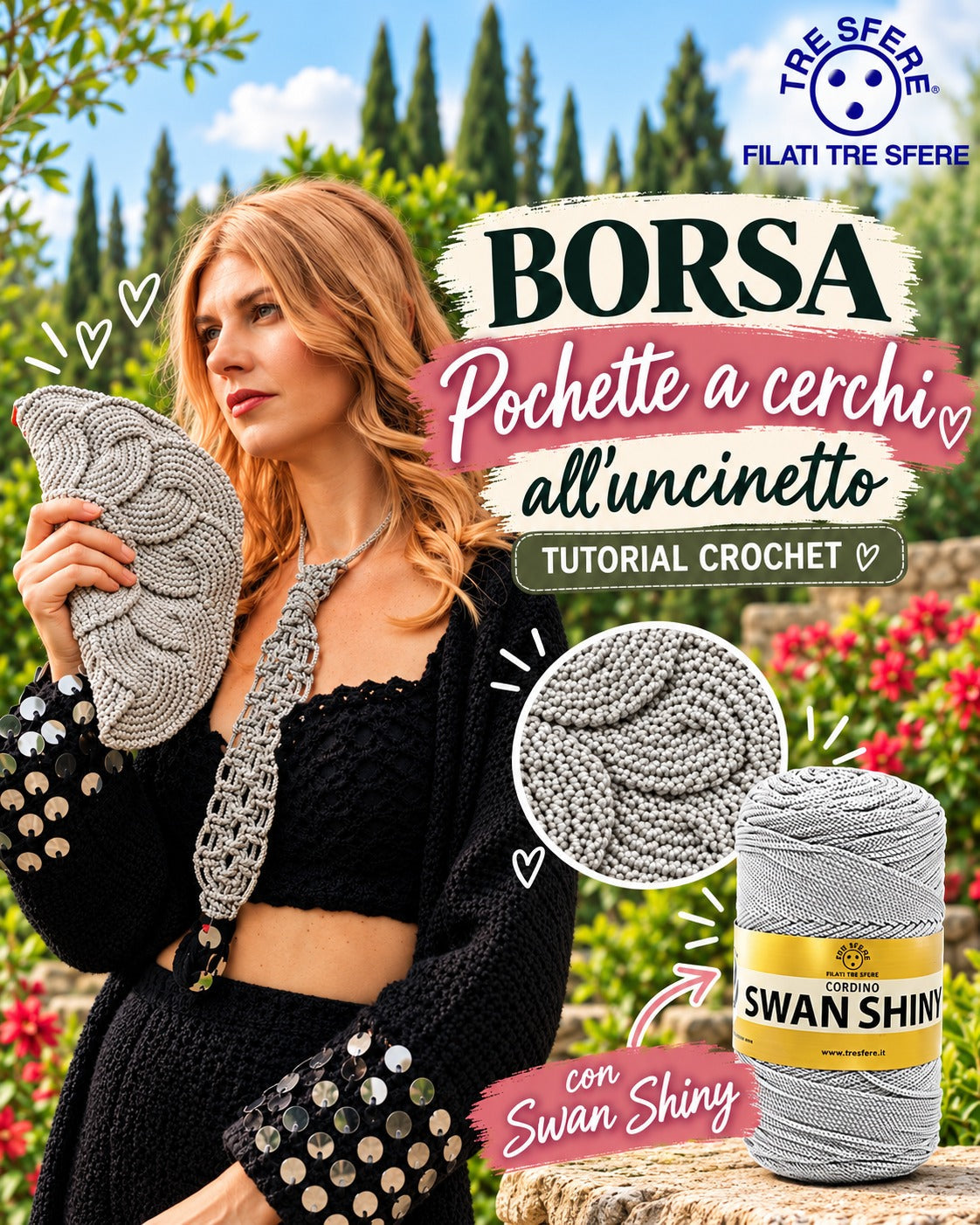 Borsa pochette a cerchi all'uncinetto I Tutorial Swan Shiny I Studio 508A